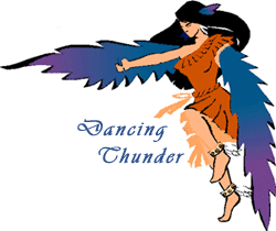 Dancing Thunder logo is a dancing woman with long dark hair, wearing blue wings attached to her arms.