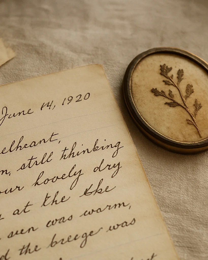Close detail of handwritten notes and a worn keepsake on a linen