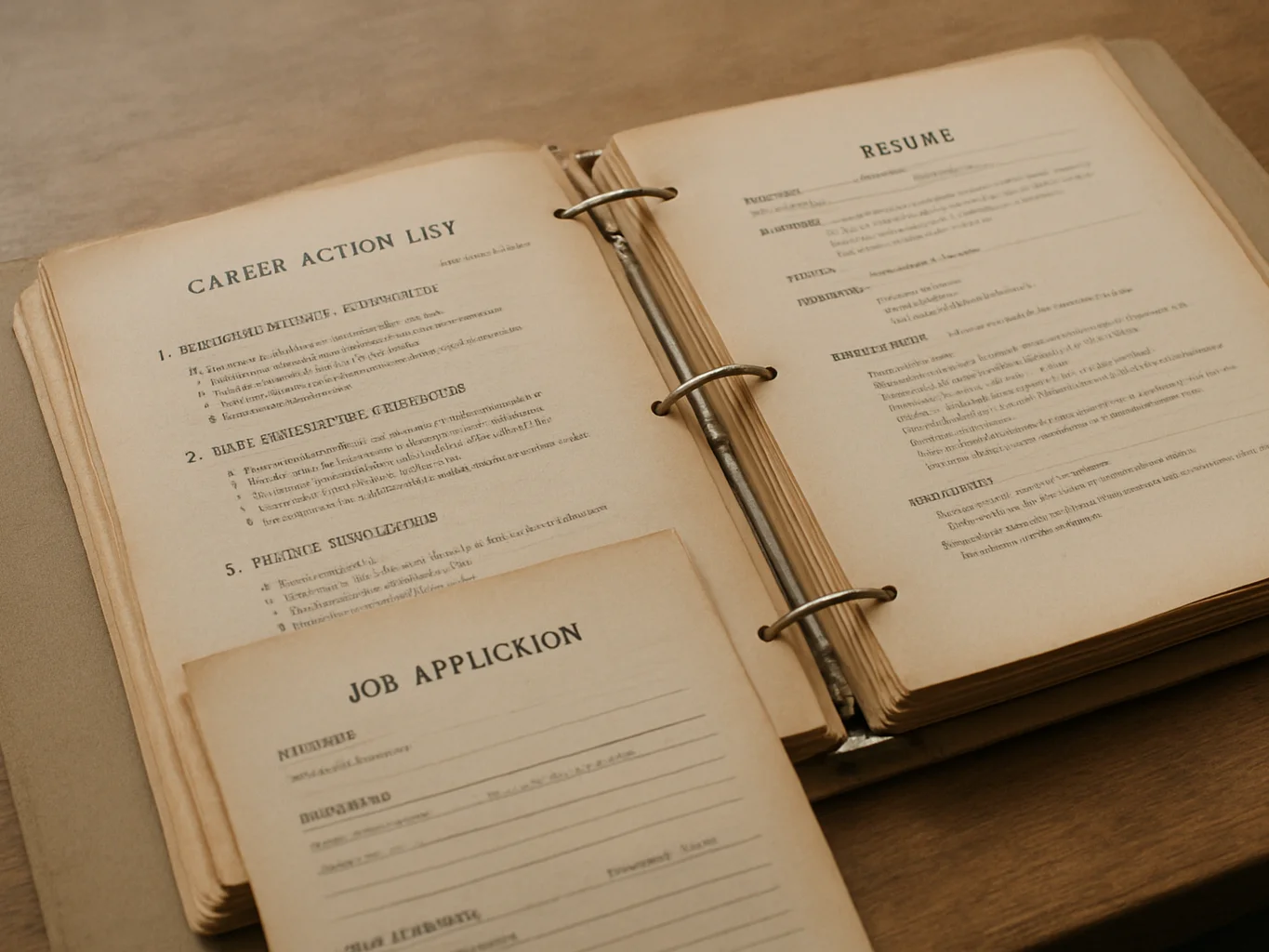 Open binder of dated career documents on a wooden table, soft nat