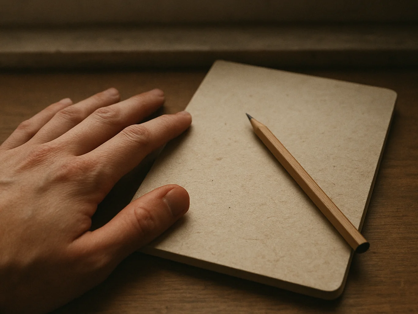 Hand resting beside a notebook with a pencil, soft window light,