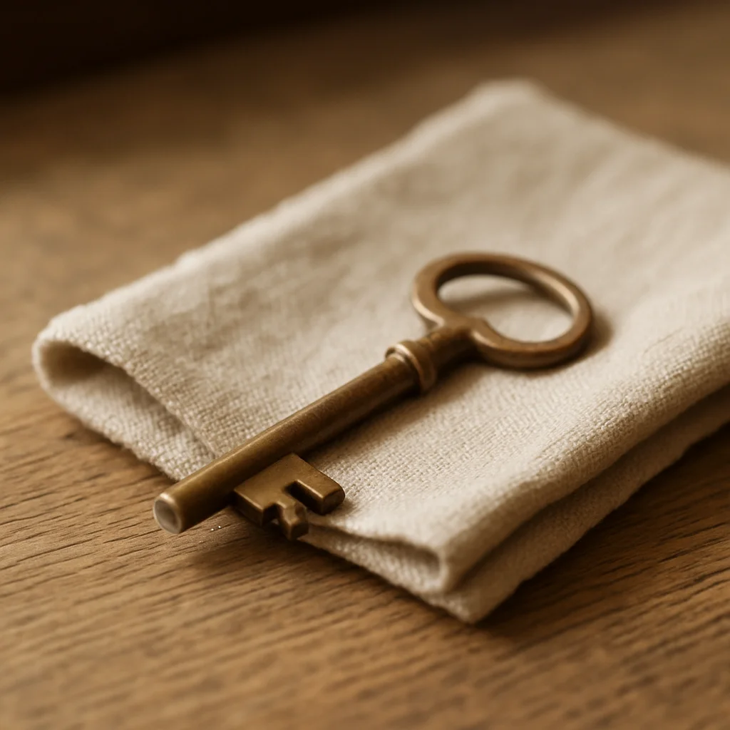 A large gold key placed on top of a folder cloth napkin.
