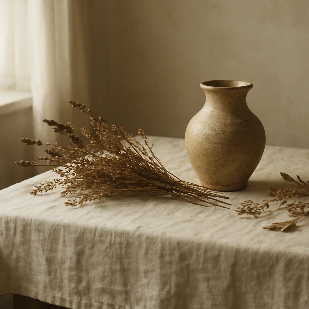 A table with dried flowers and clay pot.